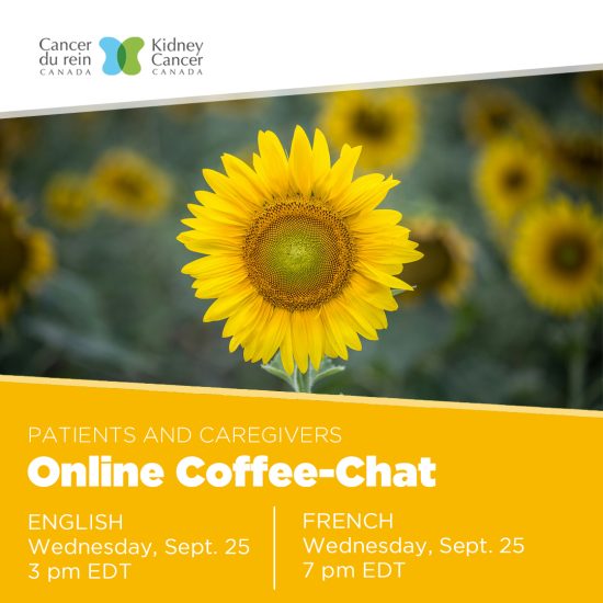 Online coffee chat promo pamphlet with sunflower for Wednesday, September 25 at 3pm EDT.