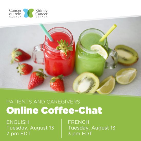 English language banner with strawberries and kiwis about online coffee chat on August 13 at 7:00pm.